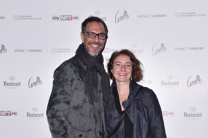 MILAN, ITALY - APRIL 11:  (R-L) Marialaura Rossiello Irvine and Angelo Ferrara attend Save The Artistic Heritage - Vernissage Cocktail on April 11, 2018 in Milan, Italy.  