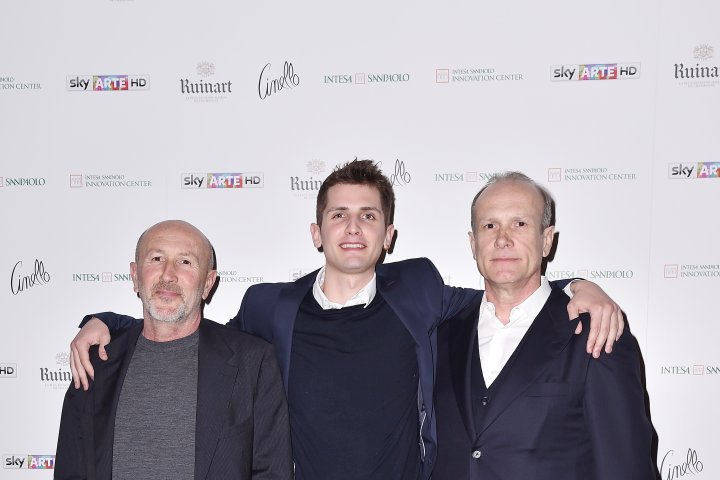 MILAN, ITALY - APRIL 11:  Patrizio Losi, Franco Losi and a guest attend Save The Artistic Heritage - Vernissage Cocktail on April 11, 2018 in Milan, Italy.  