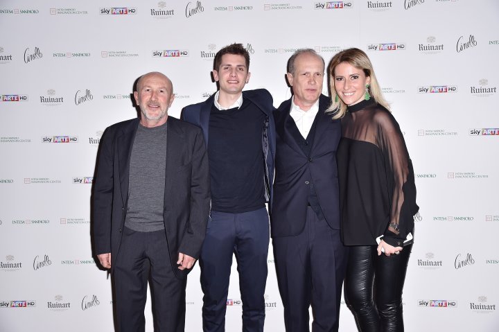 MILAN, ITALY - APRIL 11:  Patrizio Losi, Franco Losi, Federica Pesce and a guest attend Save The Artistic Heritage - Vernissage Cocktail on April 11, 2018 in Milan, Italy.  