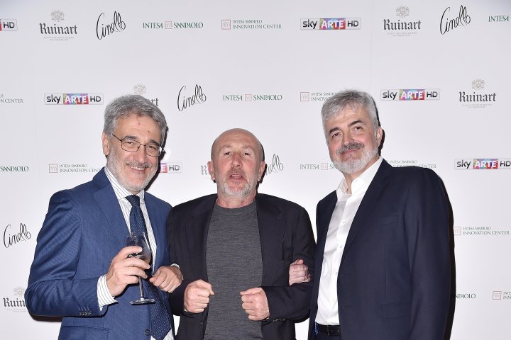 MILAN, ITALY - APRIL 11:  Marco Peri, Patrizio Losi and Luca Renzi attend Save The Artistic Heritage - Vernissage Cocktail on April 11, 2018 in Milan, Italy. 