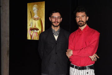 MILAN, ITALY - APRIL 11:  Matteo Bergamini and Mattia Solari attend Save The Artistic Heritage - Vernissage Cocktail on April 11, 2018 in Milan, Italy.  