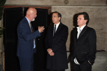 MILAN, ITALY - APRIL 11:  Carlo Francini, Giuseppe Sala and Mario Cristiani attend Save The Artistic Heritage - Vernissage Cocktail on April 11, 2018 in Milan, Italy. 