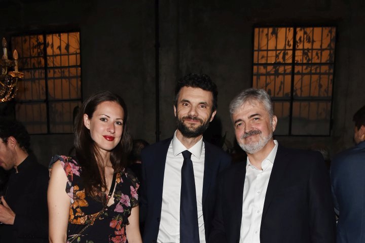 MILAN, ITALY - APRIL 11:  Luca Renzi, Biffoni Matteo and a guest attend Save The Artistic Heritage - Vernissage Cocktail on April 11, 2018 in Milan, Italy. 