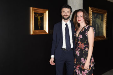 MILAN, ITALY - APRIL 11:  Biffoni Matteo and a guest attend Save The Artistic Heritage - Vernissage Cocktail on April 11, 2018 in Milan, Italy.  