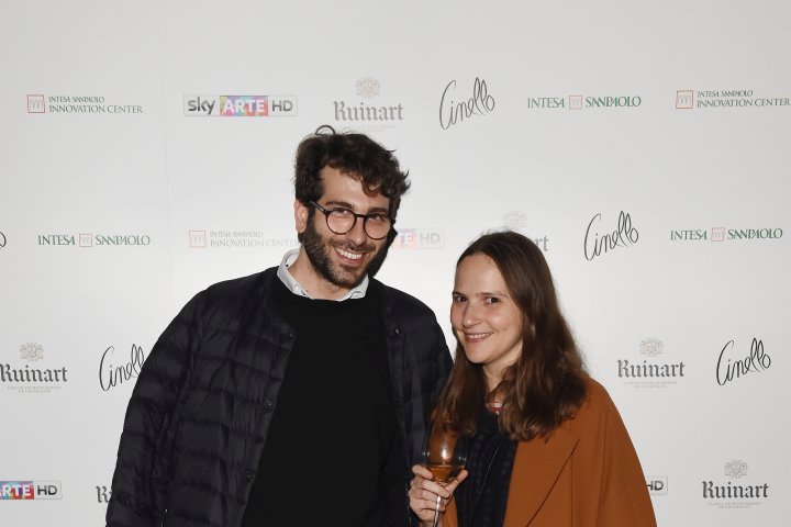 MILAN, ITALY - APRIL 11:  Gloria De Risi and Alessio Baldister attend Save The Artistic Heritage - Vernissage Cocktail on April 11, 2018 in Milan, Italy.  