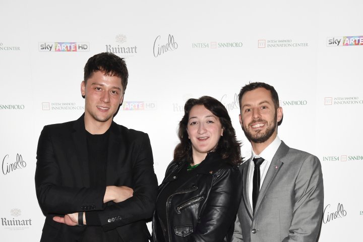 MILAN, ITALY - APRIL 11:  (L-R) Luca Dalla Valle, Greg and a guest attend Save The Artistic Heritage - Vernissage Cocktail on April 11, 2018 in Milan, Italy.  