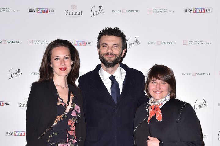 MILAN, ITALY - APRIL 11:  Patrizio Losi, Franco Losi, Federica Pesce and a guest attend Save The Artistic Heritage - Vernissage Cocktail on April 11, 2018 in Milan, Italy. 