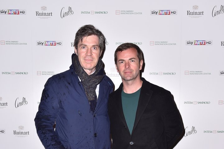 MILAN, ITALY - APRIL 11:  Diego Bergamaschi and a guest attend Save The Artistic Heritage - Vernissage Cocktail on April 11, 2018 in Milan, Italy.