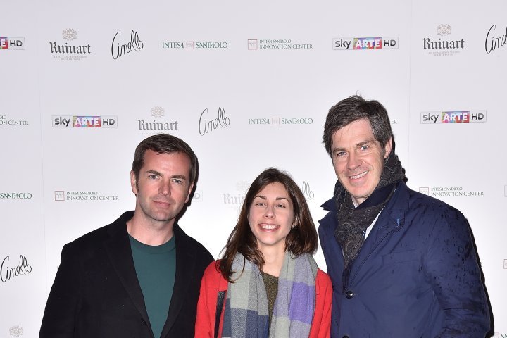 MILAN, ITALY - APRIL 11:  Diego Bergamaschi, Veronica Botta and a guest attend Save The Artistic Heritage - Vernissage Cocktail on April 11, 2018 in Milan, Italy.  